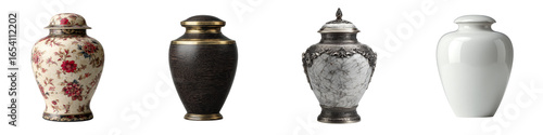 Decorative urns in varied styles including floral and black designs on transparent background