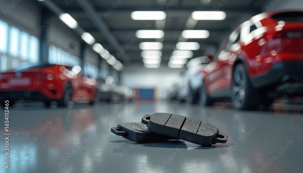 Obraz premium New ceramic brake pads laid on clean garage floor, ready for vehicle repair. Photorealistic close-up detail shot of automotive service equipment. Orderly repair shop setting with cars in background.