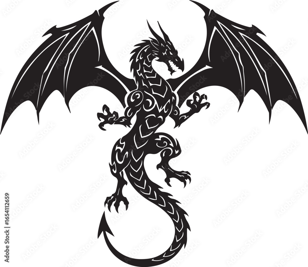 Naklejka premium Black Dragon Graphic with Ornate Body Details and Wide Spread Wings on White Background silhouette
