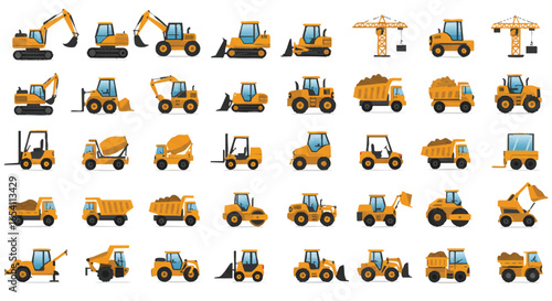A collection of various yellow construction vehicles and equipment, including excavators, bulldozers, and trucks, arranged on a white background, showcasing a diverse set of machinery.