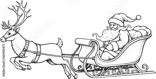 a black and white drawing of Santa Claus riding in a sleigh pulled by a reindeer