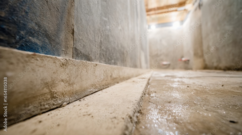 Obraz premium Detailed View of a Dimly Lit Grimy Floor in an Indoor Space with Wet Surfaces and Textured Walls, Capturing the Atmosphere of Neglect and Abandonment