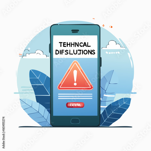 Modern flat vector of smartphone screen showing glitch error with technical difficulties message. Perfect for apps, websites, and digital communication.
