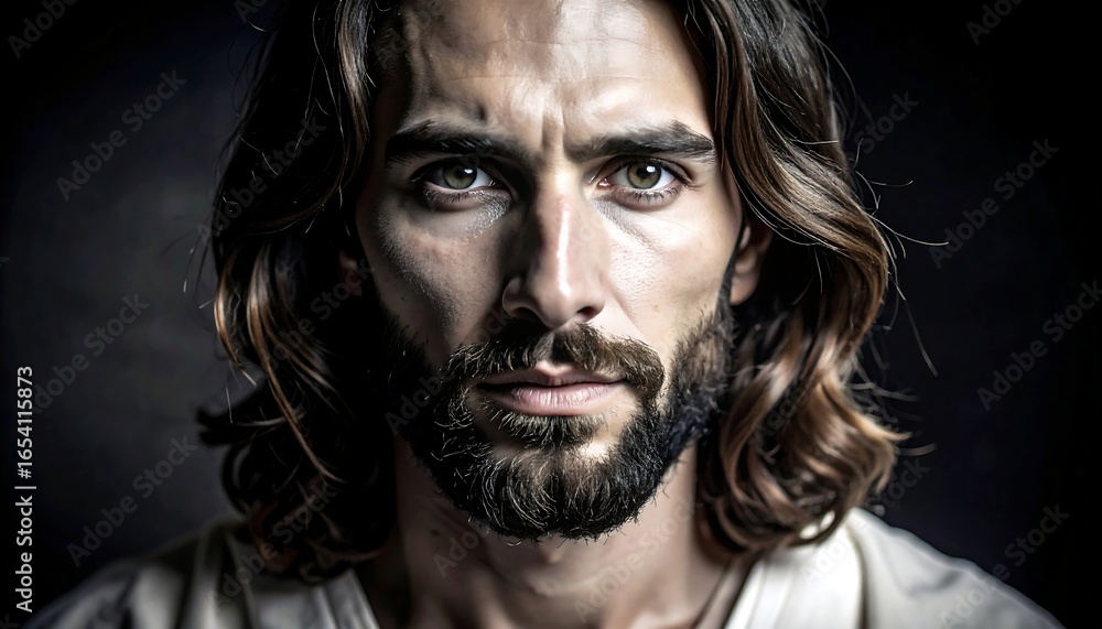 Fototapeta premium Intense Portrait of a Bearded Man with Piercing Eyes and Dark Background