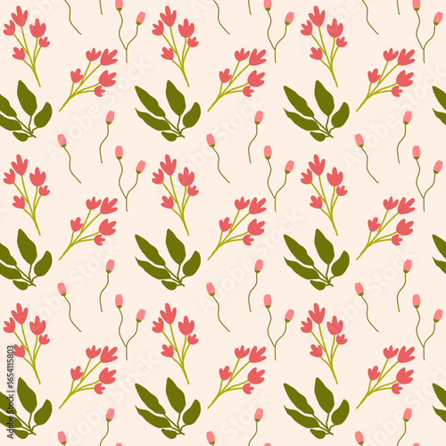 Pink flower with leaves seamless pattern with flat design