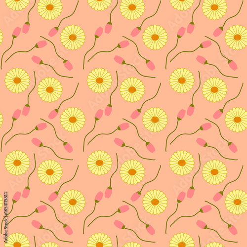 Beautiful daisy and tulip seamless pattern with flat design