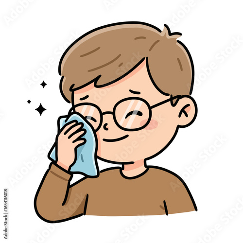 Cute Cartoon Boy Wiping Face with Light Blue Cloth.