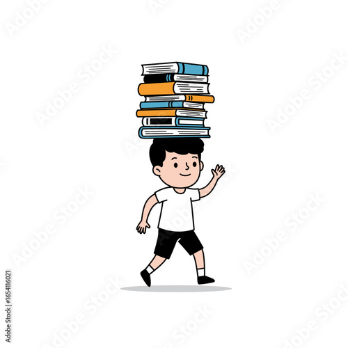 Cute cartoon boy walking and smiling while balancing a tall stack of colorful books on his head.