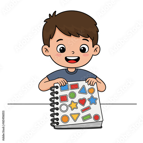Cute cartoon boy with a happy expression holding a sticker book with colorful geometric shapes.