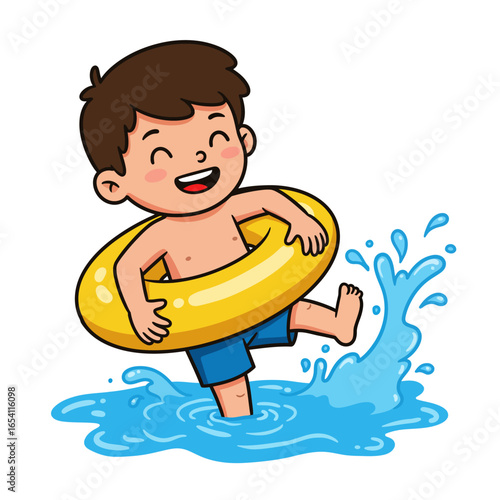 Cute cartoon boy with a yellow swim ring happily splashing in the water wearing blue shorts.