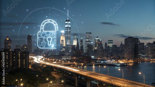 Fototapeta Naklejka Na Ścianę i Meble -  Fintech Cyber Defense A digital lock symbol hovers over a city skyline at night, representing urban cybersecurity and data protection.