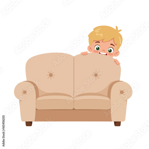 Cute cartoon boy with blond hair and green eyes playfully hiding behind a beige tufted sofa peeking over the top.