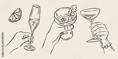 Whimsical hand drawn bar menu illustrations in trendy whimsical style. Perfect doodle for quirky italian wedding holiday, poster, dinner and bar menu, bachelorette party, birthday invitation, sign.
