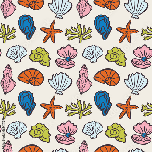Whimsical hand drawn summer seamless pattern in trendy hand drawn style. Perfect background for quirky italian wedding holiday, poster cards, dinner and bar menu, fabric, wrapping paper