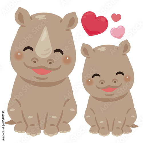 お座りした笑顔のサイの親子イラスト