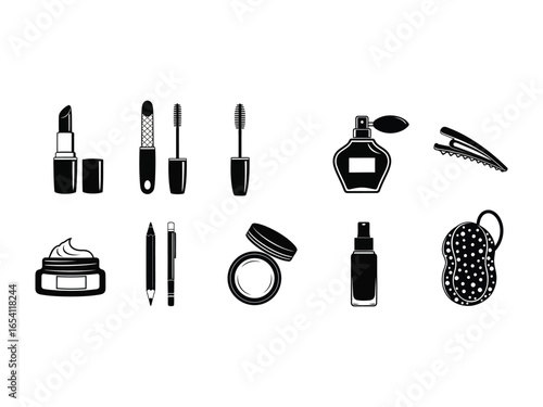 Minimalist Beauty Icons: A curated selection of cosmetic icons, stylishly rendered in monochrome, each representing an essential element of the makeup routine.