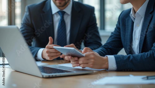 closeup two hands businessman in formal suits having a discussion at a modern office table