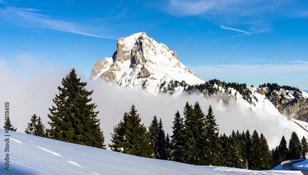 Fototapeta premium Snowy mountain peak above clouds