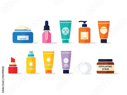 Cosmetic Beauty Products: An artful arrangement of cosmetic products, displaying the diverse range of skincare and beauty essentials, promoting personal care routines and healthy skin.