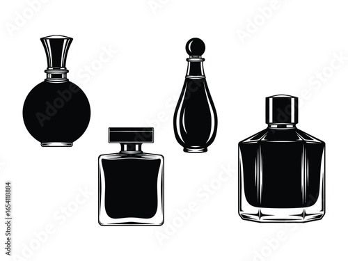 Elegant Essence: A quartet of exquisitely crafted perfume bottles, showcasing the artistry and allure of fragrance in a minimalist, aesthetic presentation. 