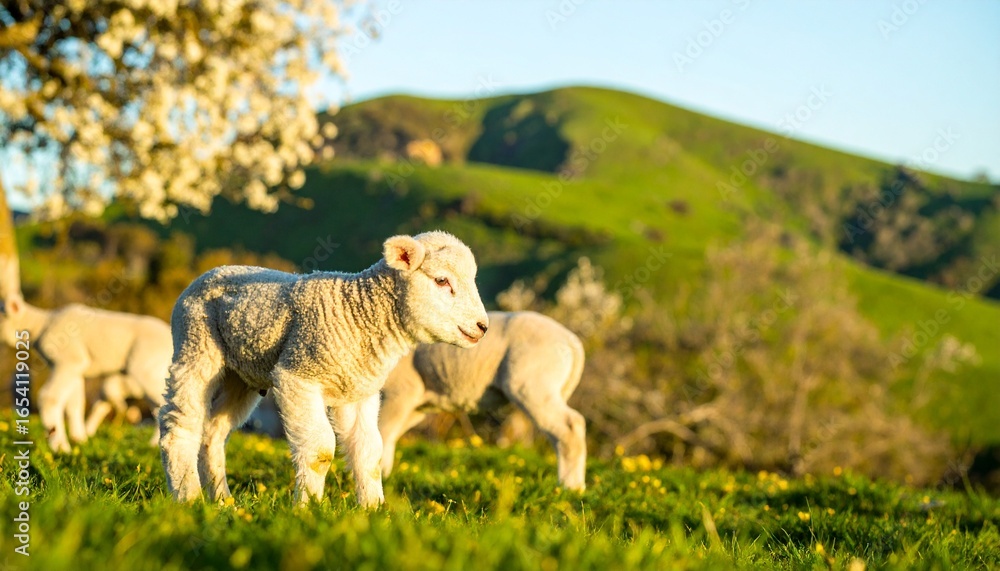 Naklejka premium Adorable Lambs Grazing in a Green Meadow with a Blurred Background of Rolling Hills and Blooming Tree