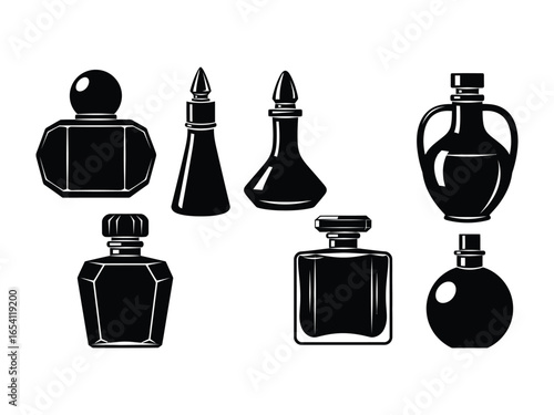 Vintage Perfume Bottles Silhouettes: A collection of vintage perfume bottles, illustrated in black and white, exudes classic elegance and charm, perfect for fragrance or cosmetic themed designs.