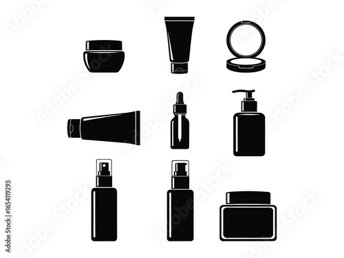 Cosmetic essentials: Elegant illustration of skincare products and makeup items, featuring diverse bottles and containers in sleek black silhouettes, perfect for beauty and healthcare concepts.
