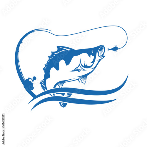 Jumping Fish with Fishing Rod and Splash Logo Design