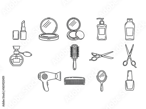 Beauty Essentials: A collection of line art icons showcases a range of essential beauty tools and products, perfect for cosmetic, beauty, and self-care themes.