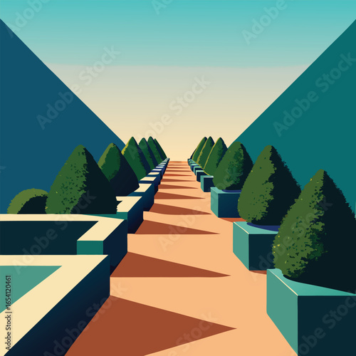 Desert highway path to the Egyptian pyramids under a conceptual sunset