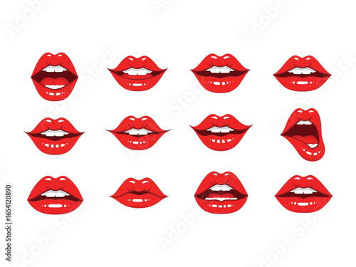 Red Lips Expressions: A vivid array of crimson lips showcases an assortment of animated emotions in a collection of lip illustrations, capturing an expressions