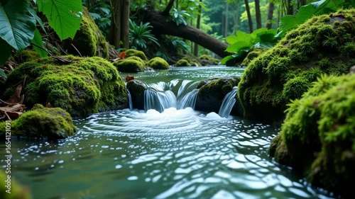 Tranquil forest stream cascades over mossy rocks creating a serene natural water flow. AI generative video