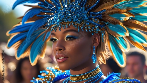 Woman in elaborate blue feathered headdress and costume at a festival