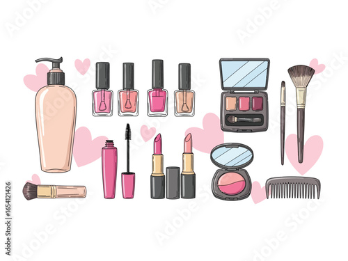 Beauty Essentials: A curated array of cosmetic essentials, artistically arranged, showcasing vibrant makeup tools and products against a playful backdrop.