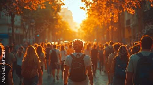 A crowd of people walking down a tree lined street with the sun shining brightly in the background creating a warm and inviting atmosphere