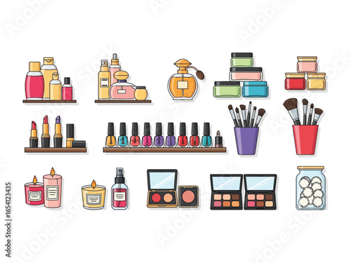 Cosmetic products and beauty tools: A curated collection of essential beauty items including bottles, creams, lipsticks, nail polish, eye shadow, makeup brushes, and candles.