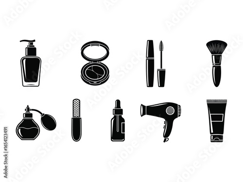 Essential Beauty Icons: A stylized collection of beauty essentials, capturing the essence of self-care, including a perfume, powder, serum, and other elements.