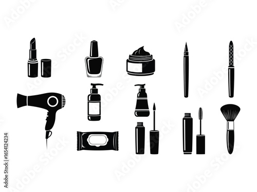 Beauty Essentials: A graphic array of beauty essentials, featuring lipstick, nail polish, skincare creams, eyeliner, and brushes, each element is designed in a minimalistic style.