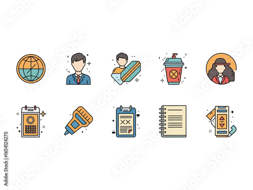Business and Office Icon Set: A comprehensive vector illustration of diverse icons tailored for business and office purposes, showcasing a blend of essential elements.