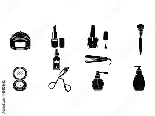 Glamour Essentials: A sleek monochrome collection showcasing makeup and beauty tools for personal care. These illustrations highlight essentials for flawless looks. 