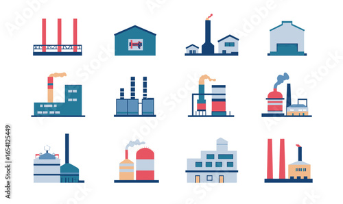 Set of flat minimalist industrial factory icons with smokestacks, warehouses, chimneys, manufacturing plants, and production buildings in vector style isolated on white background