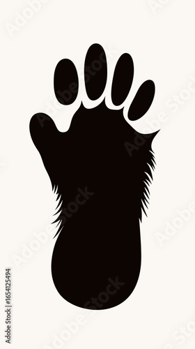 black silhouette footprint with hair detail bigfoot paw print flat minimalist vector design cryptid creature trace illustration isolated on white background