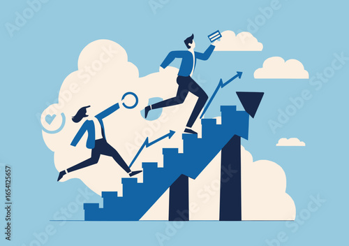 Business people climbing upward arrow stairs with growth chart, teamwork and career progress concept in flat vector style