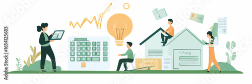 People managing home finances and utilities bills with calculator and digital devices near house, sustainable living and budgeting concept flat vector illustration