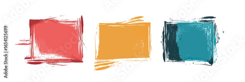 Grunge brush strokes three colorful rough rectangular paint frames red orange teal with hand drawn crayon texture isolated on white background design elements set