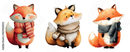 Set of cute foxes wearing a scarf in watercolor style. Red fox wrapped in a scarf. Cute forest characters. Winter and autumn cartoon animals. Vector illustration.