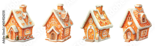 Set of gingerbread houses png. Gingerbread house decorated with white icing and Christmas candies. Symbol of Christmas and New Year. Festive sweets. Vector illustration.