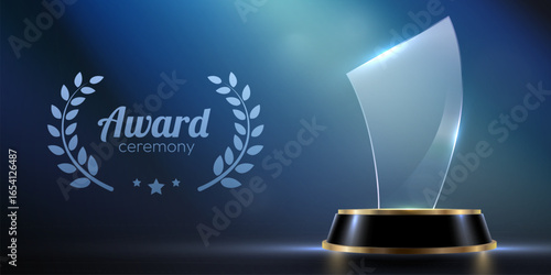 Award podium with glass trophy with laurel wreath on dark background. Symbol of victory, achievement, success, rewarding of winner. Vector illustration