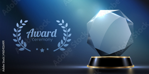 Award podium with glass trophy with laurel wreath on dark background. Symbol of victory, achievement, success, rewarding of winner. Vector illustration