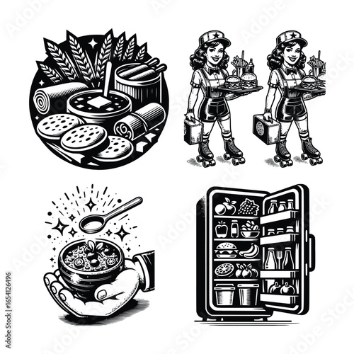 Vector art of compilation of black and white illustrations depicting food preparation and service, including a meal in a bowl with a spoon, rollerblading servers, and a stocked refrigerator, all in a 